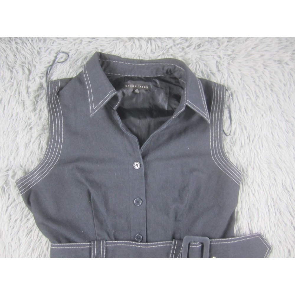 Sandra Darren Womens 10 Blue Denim-Look Sleeveless Belted Shirt Dress - Picture 3 of 10